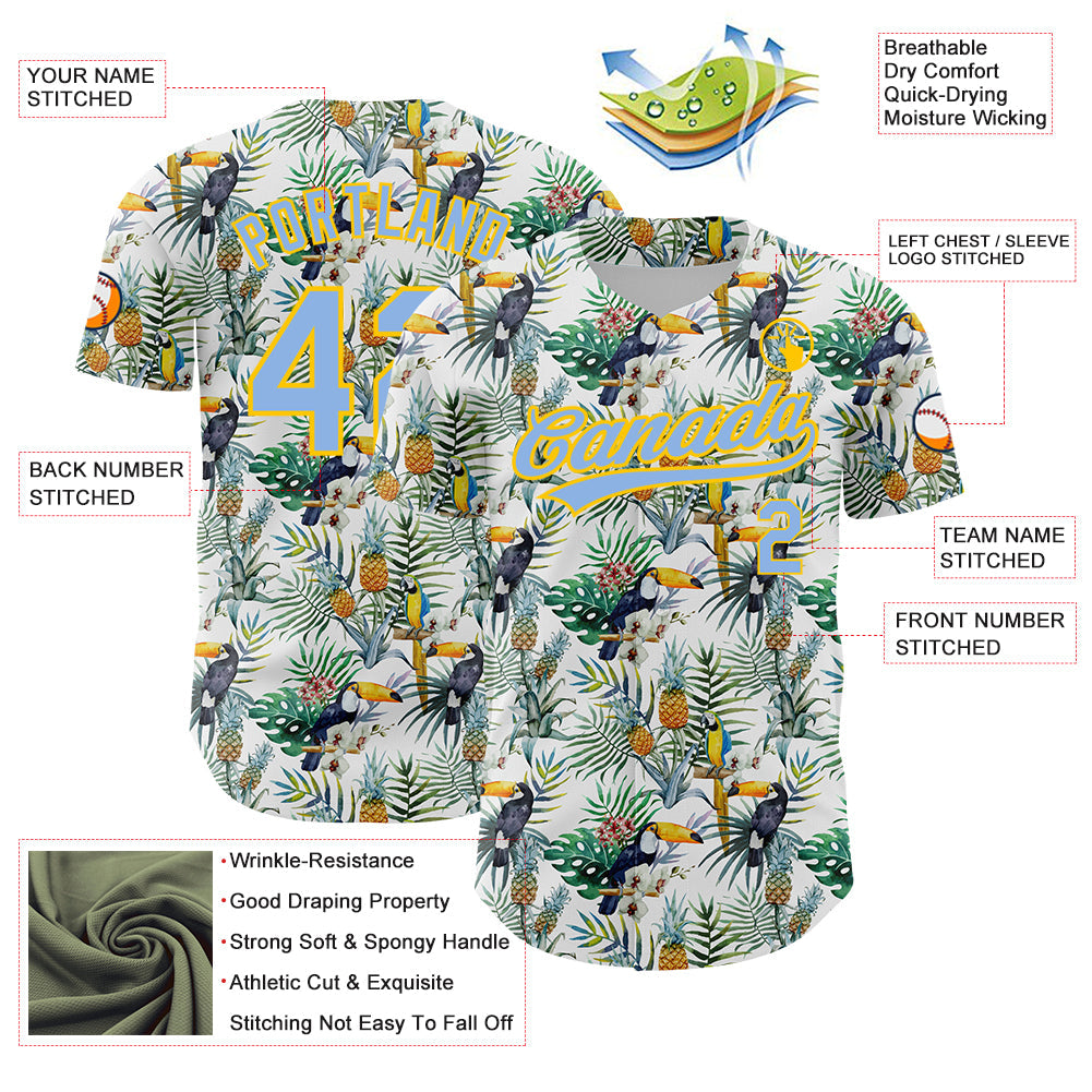 Custom White Light Blue-Yellow 3D Pattern Design Animal Toucan And Tropical Hawaii Palm Leaves Authentic Baseball Jersey view 3