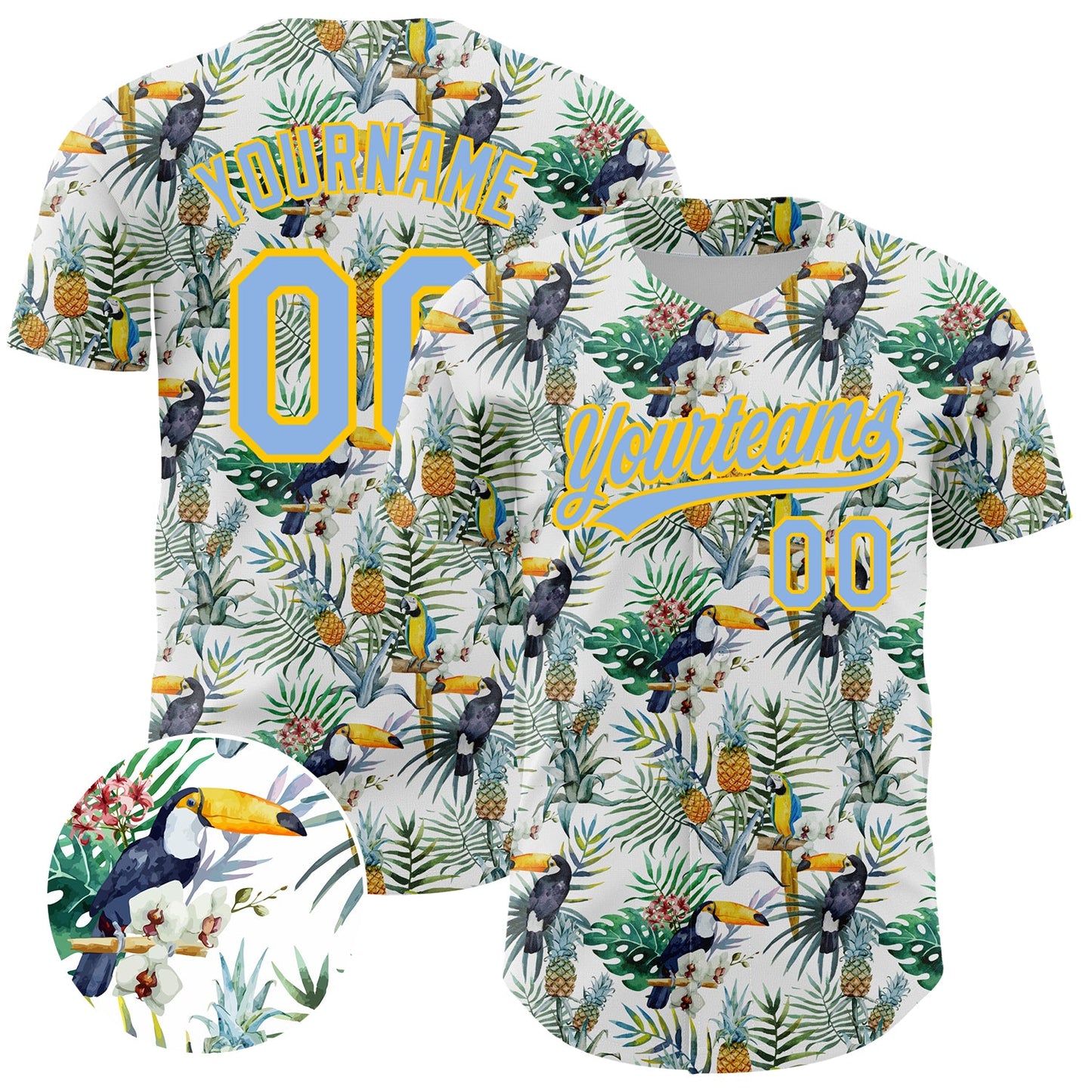 Custom White Light Blue-Yellow 3D Pattern Design Animal Toucan And Tropical Hawaii Palm Leaves Authentic Baseball Jersey - Main View