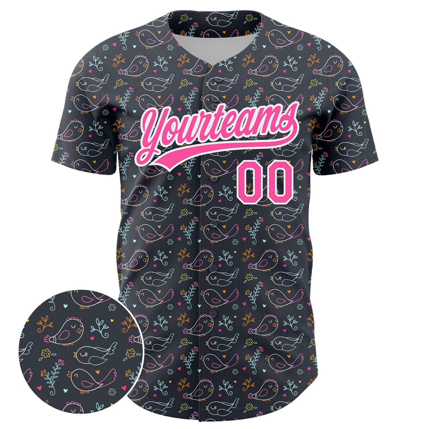 Custom Navy Pink-White 3D Pattern Design Animal Bird Authentic Baseball Jersey view 2