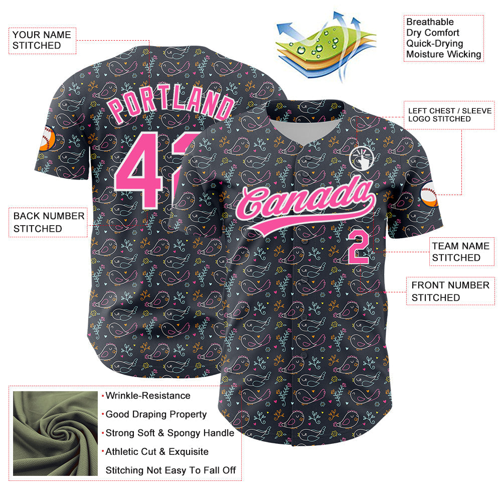 Custom Navy Pink-White 3D Pattern Design Animal Bird Authentic Baseball Jersey view 3