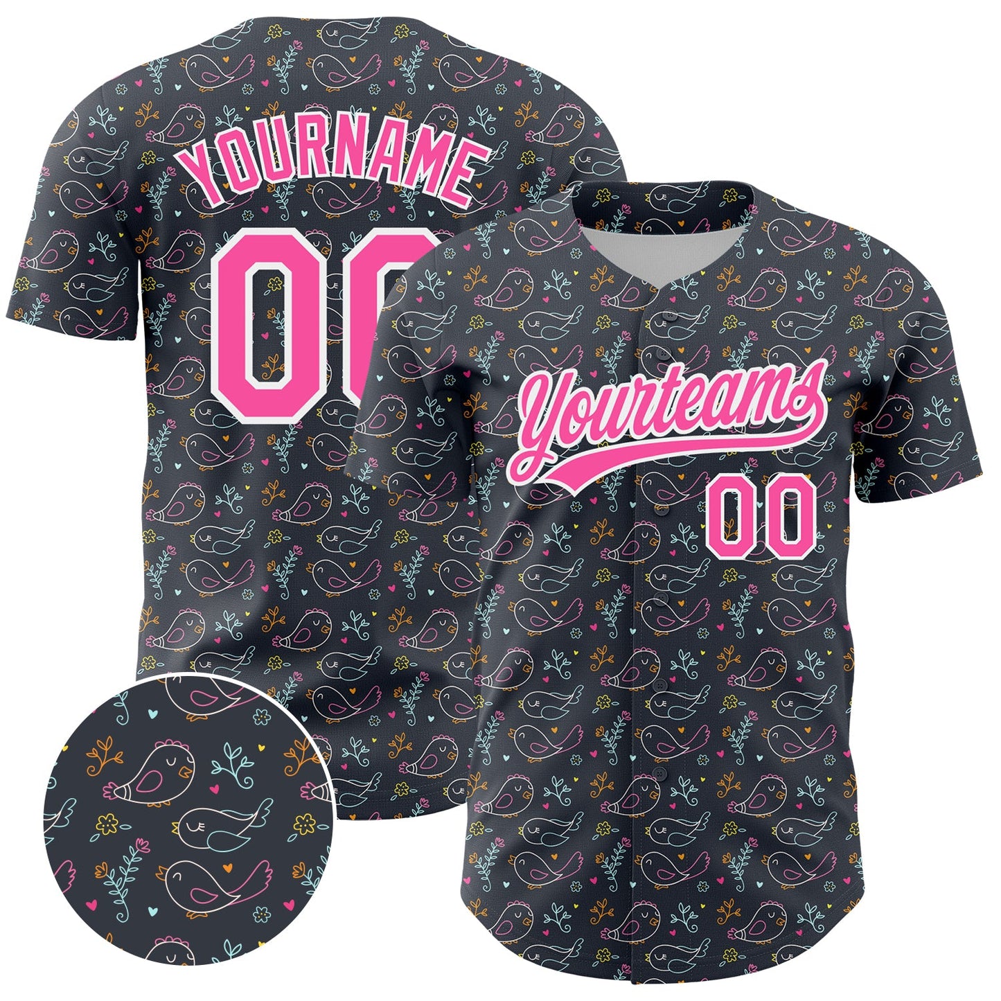 Custom Navy Pink-White 3D Pattern Design Animal Bird Authentic Baseball Jersey - Main View