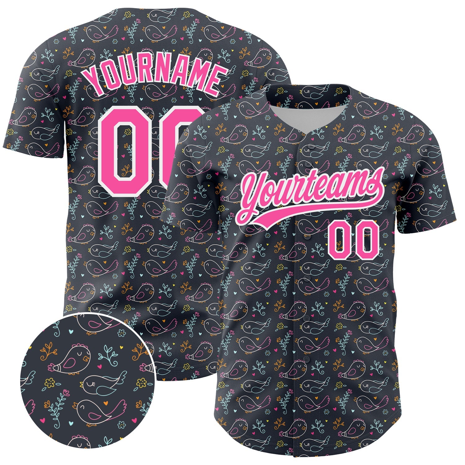 Custom Navy Pink-White 3D Pattern Design Animal Bird Authentic Baseball Jersey - Main View