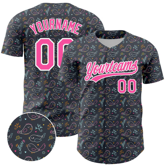 Custom Navy Pink-White 3D Pattern Design Animal Bird Authentic Baseball Jersey - Main View
