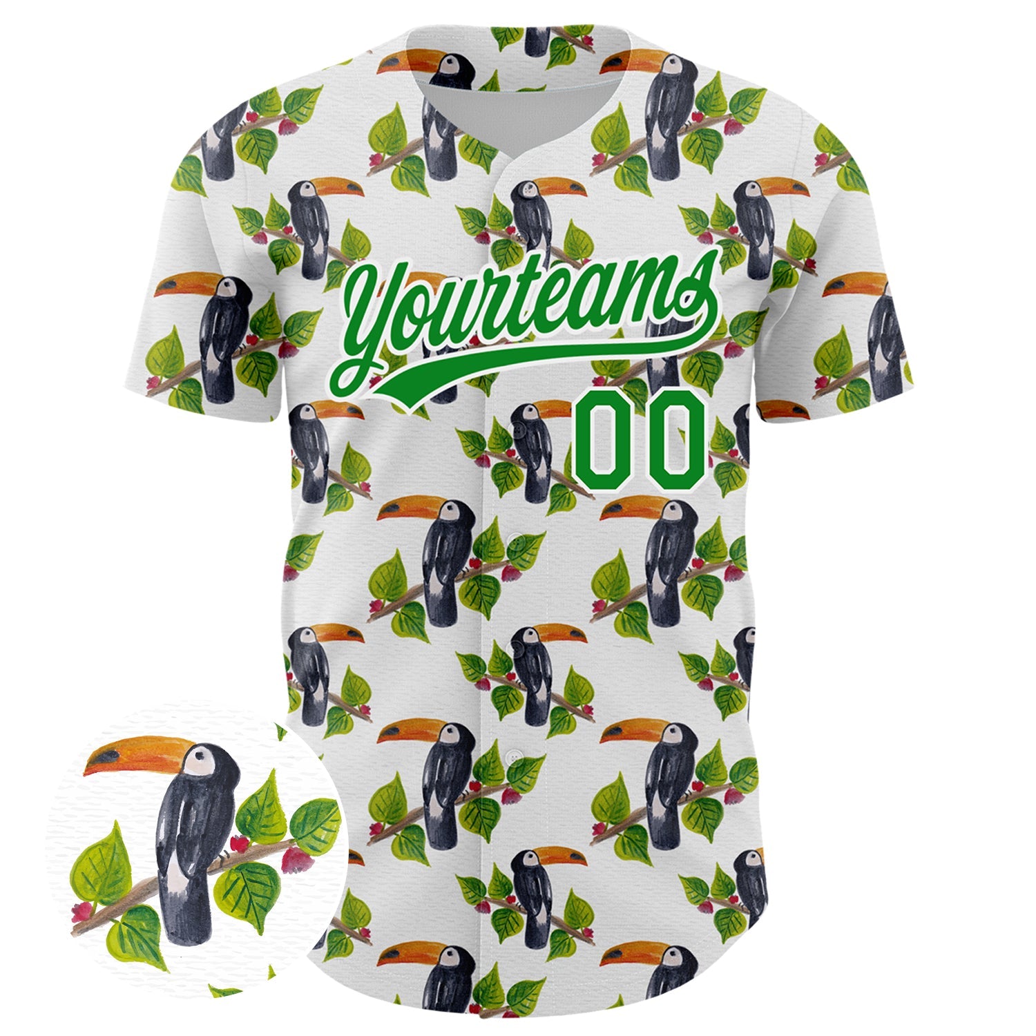 Custom White Grass Green 3D Pattern Design Animal Toucan And Tropical Hawaii Palm Leaves Authentic Baseball Jersey view 2