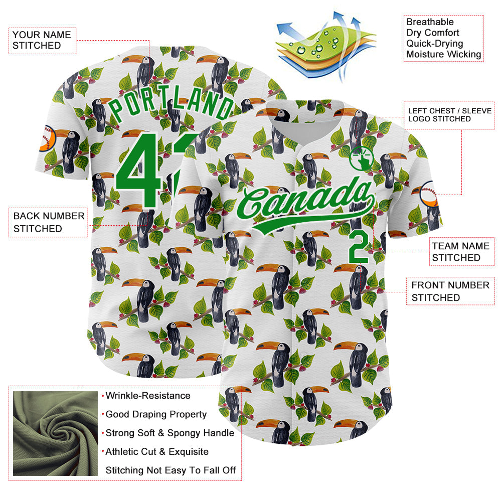 Custom White Grass Green 3D Pattern Design Animal Toucan And Tropical Hawaii Palm Leaves Authentic Baseball Jersey view 3