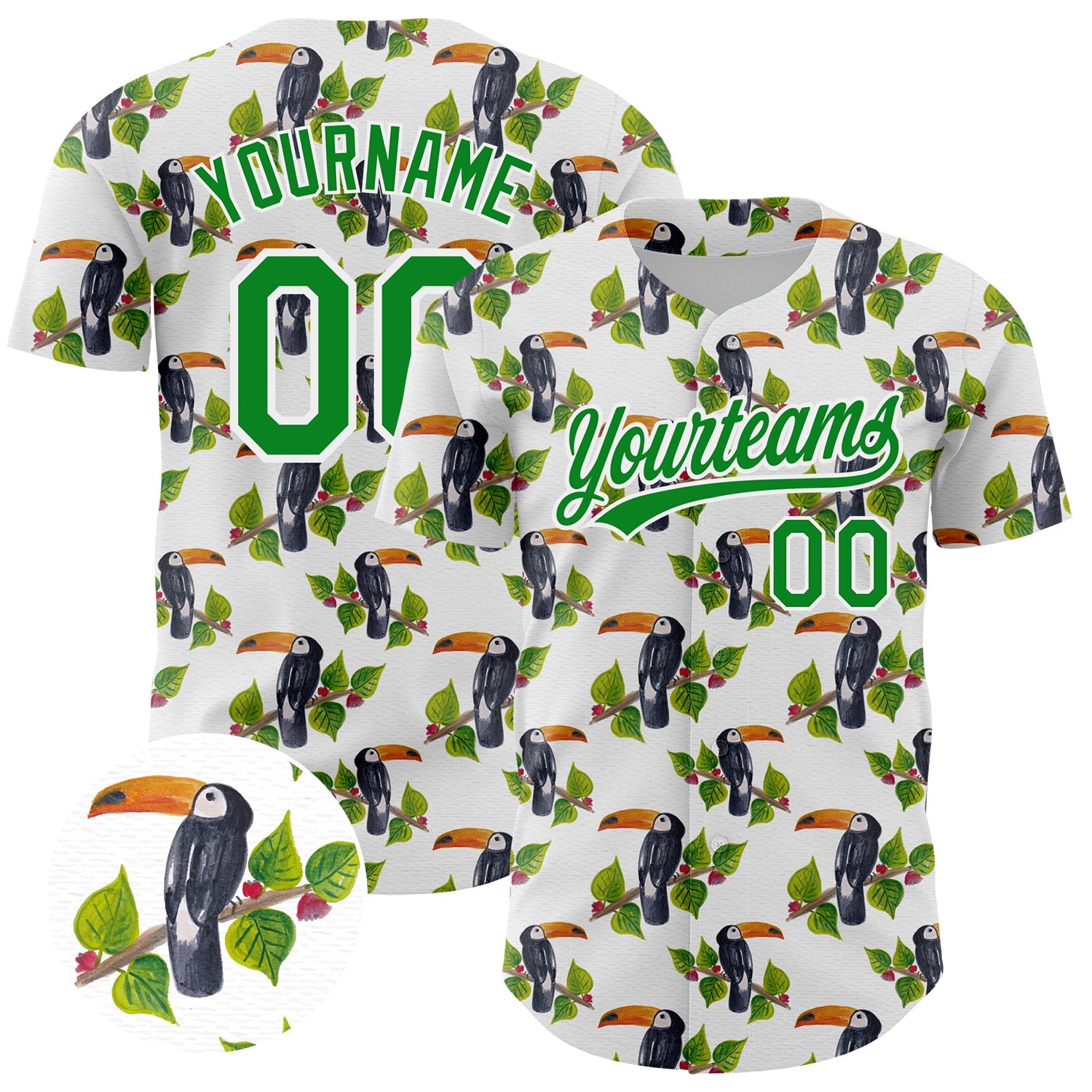 Custom White Grass Green 3D Pattern Design Animal Toucan And Tropical Hawaii Palm Leaves Authentic Baseball Jersey - Main View