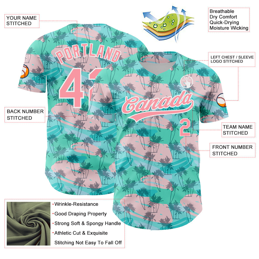 Custom Green Medium Pink-White 3D Pattern Design Tropical Hawaii Palm Trees Authentic Baseball Jersey view 3