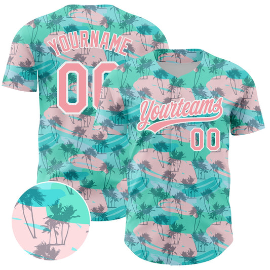 Custom Green Medium Pink-White 3D Pattern Design Tropical Hawaii Palm Trees Authentic Baseball Jersey - Main View