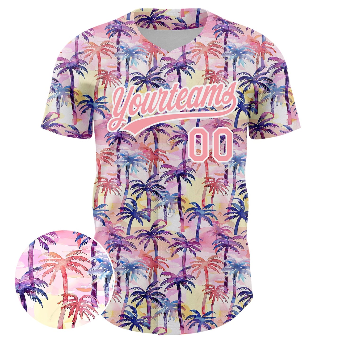 Custom Medium Pink White 3D Pattern Design Tropical Hawaii Palm Trees Authentic Baseball Jersey view 2