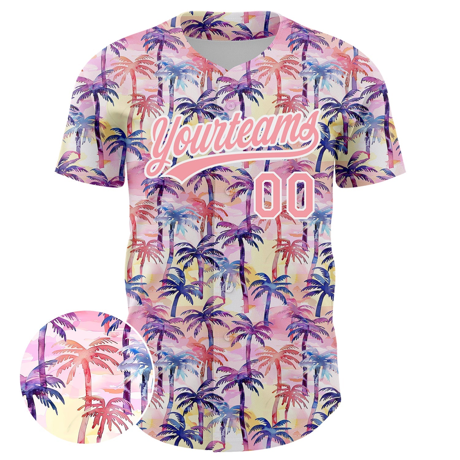 Custom Medium Pink White 3D Pattern Design Tropical Hawaii Palm Trees Authentic Baseball Jersey view 2