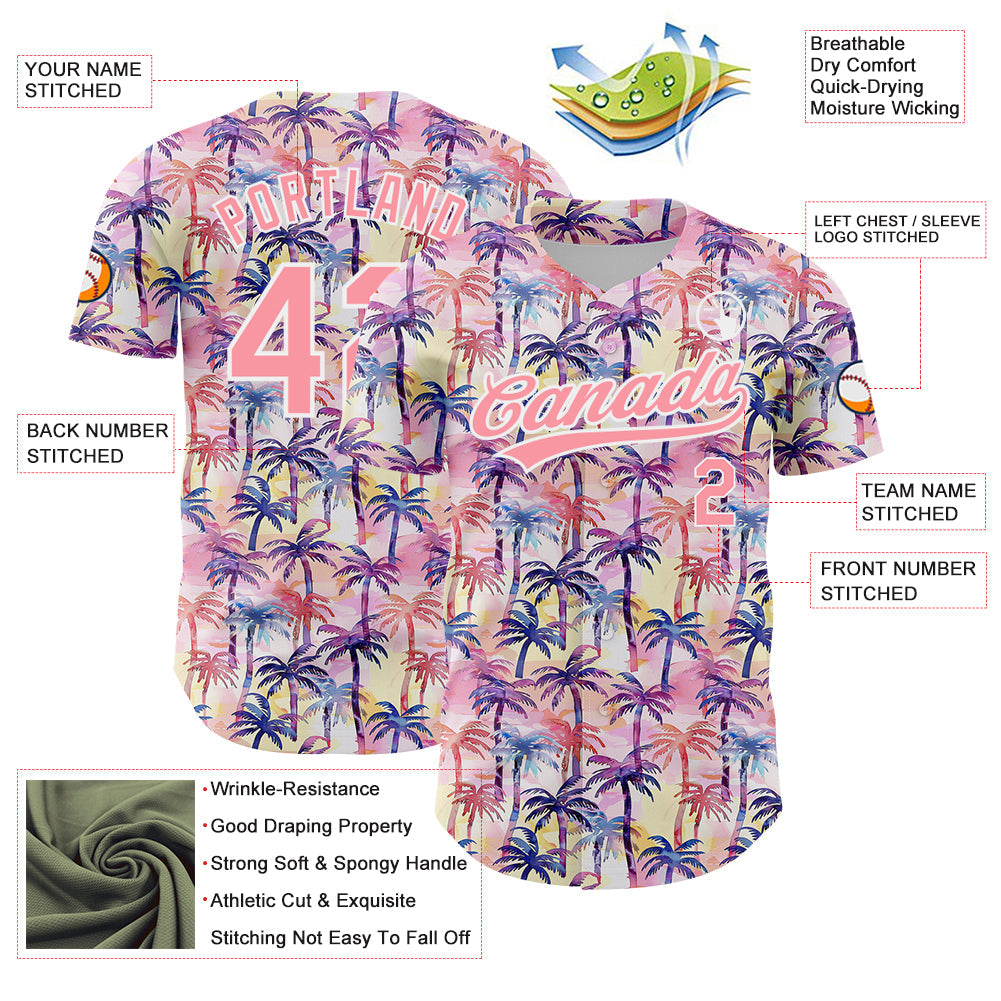 Custom Medium Pink White 3D Pattern Design Tropical Hawaii Palm Trees Authentic Baseball Jersey view 3