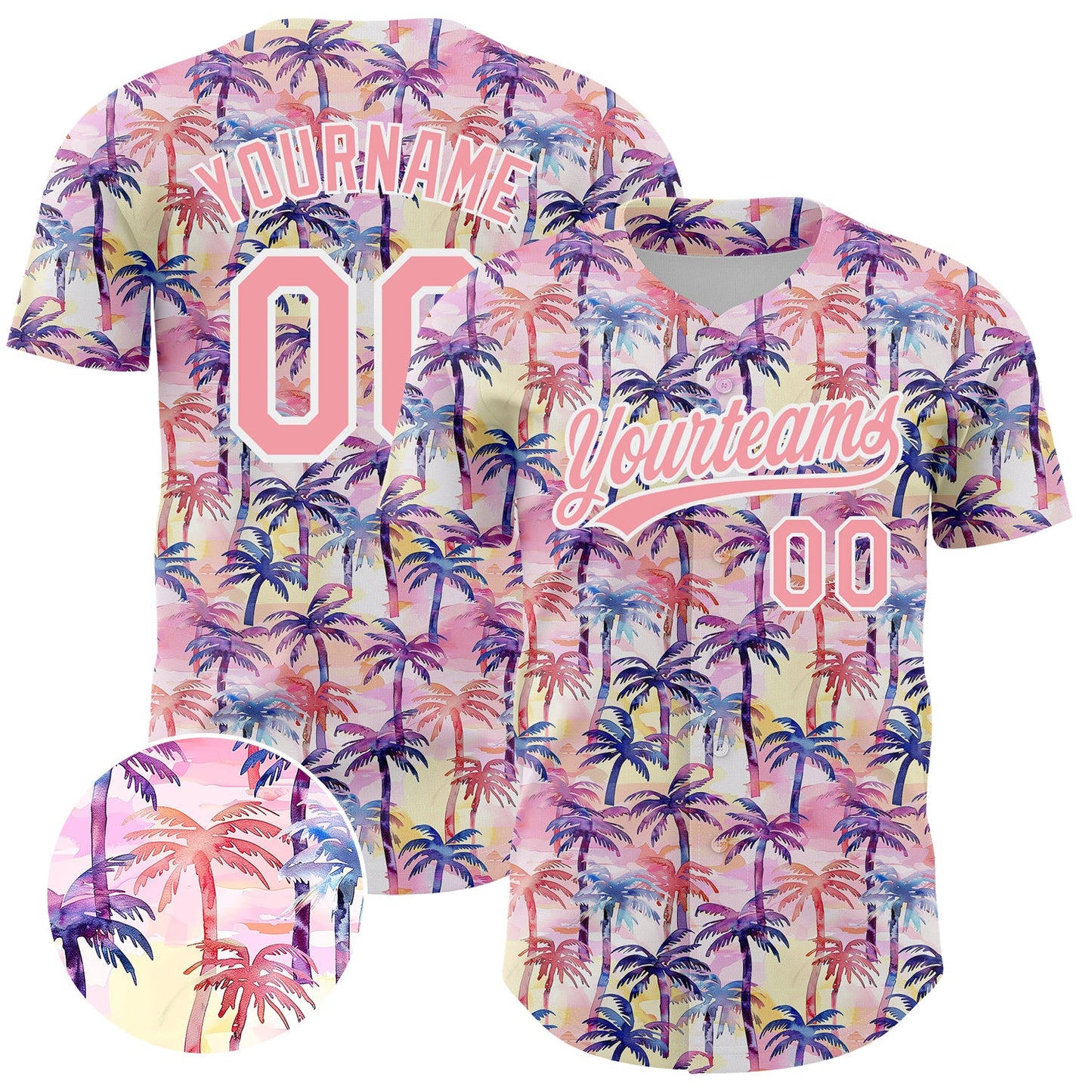 Custom Medium Pink White 3D Pattern Design Tropical Hawaii Palm Trees Authentic Baseball Jersey - Main View