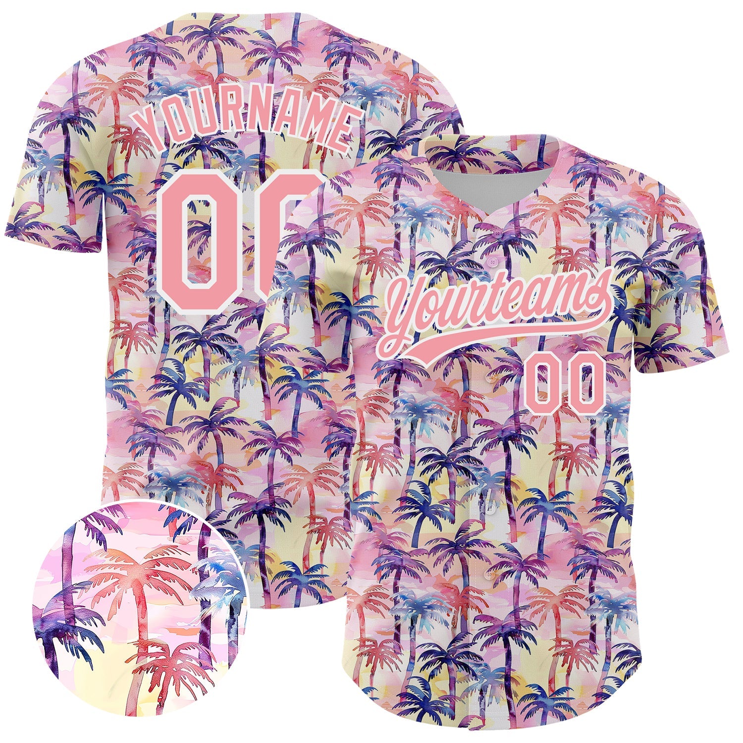 Custom Medium Pink White 3D Pattern Design Tropical Hawaii Palm Trees Authentic Baseball Jersey - Main View