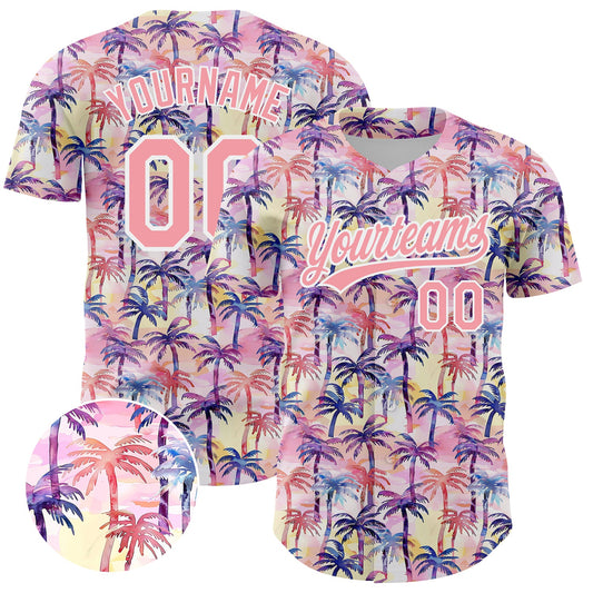 Custom Medium Pink White 3D Pattern Design Tropical Hawaii Palm Trees Authentic Baseball Jersey - Main View