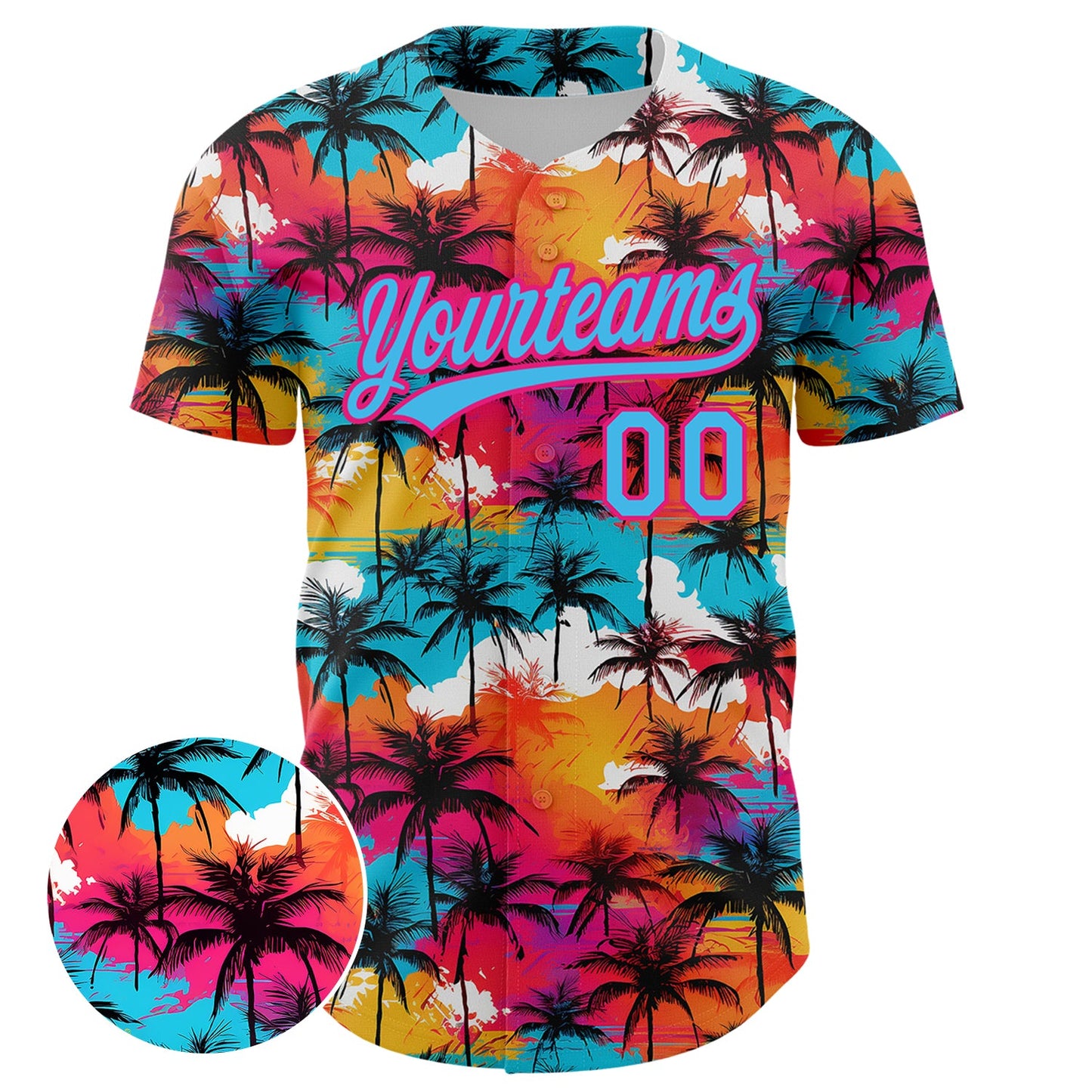 Custom Sky Blue Hot Pink 3D Pattern Design Tropical Hawaii Palm Trees Authentic Baseball Jersey view 2