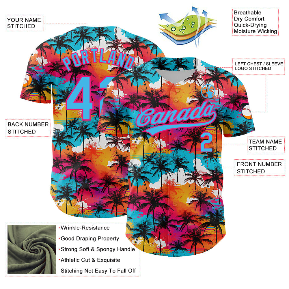 Custom Sky Blue Hot Pink 3D Pattern Design Tropical Hawaii Palm Trees Authentic Baseball Jersey view 3