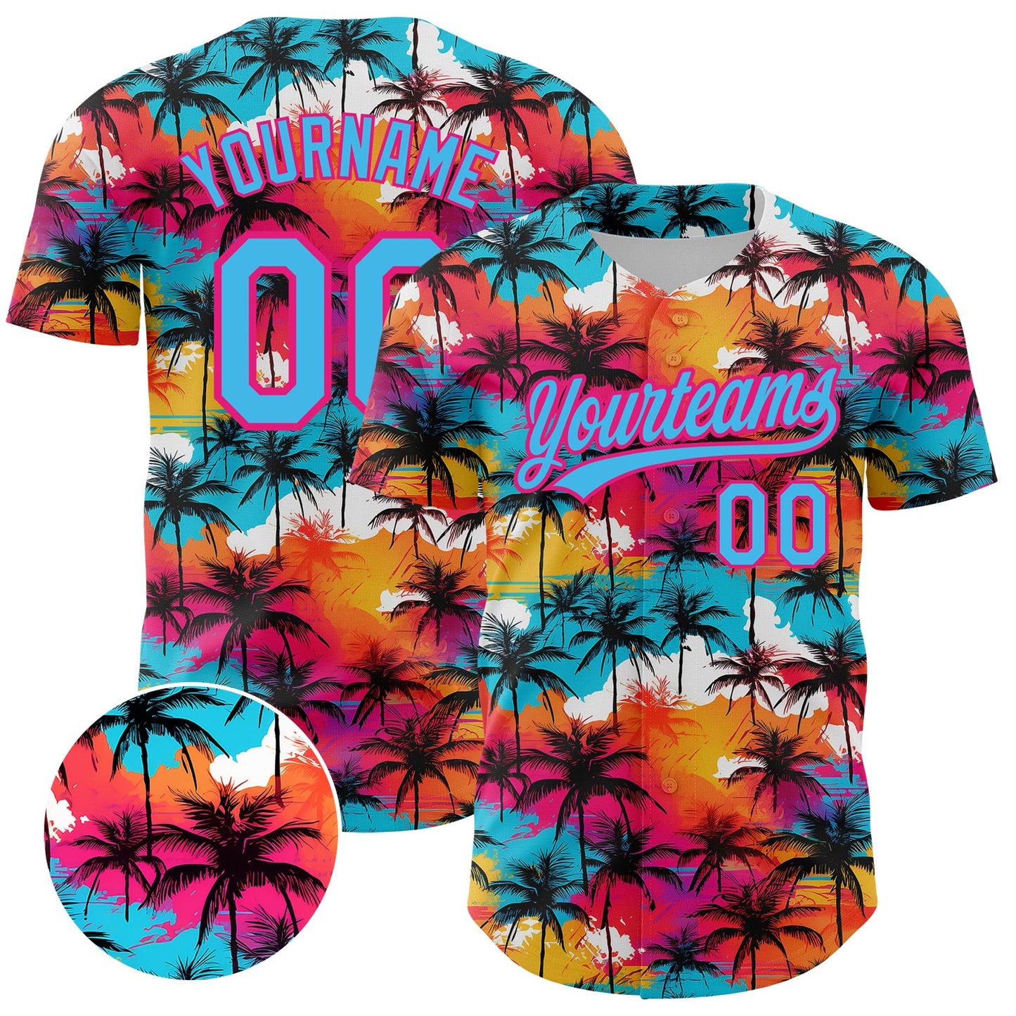 Custom Sky Blue Hot Pink 3D Pattern Design Tropical Hawaii Palm Trees Authentic Baseball Jersey - Main View