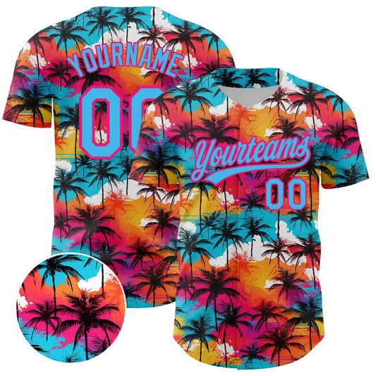 Custom Sky Blue Hot Pink 3D Pattern Design Tropical Hawaii Palm Trees Authentic Baseball Jersey - Main View