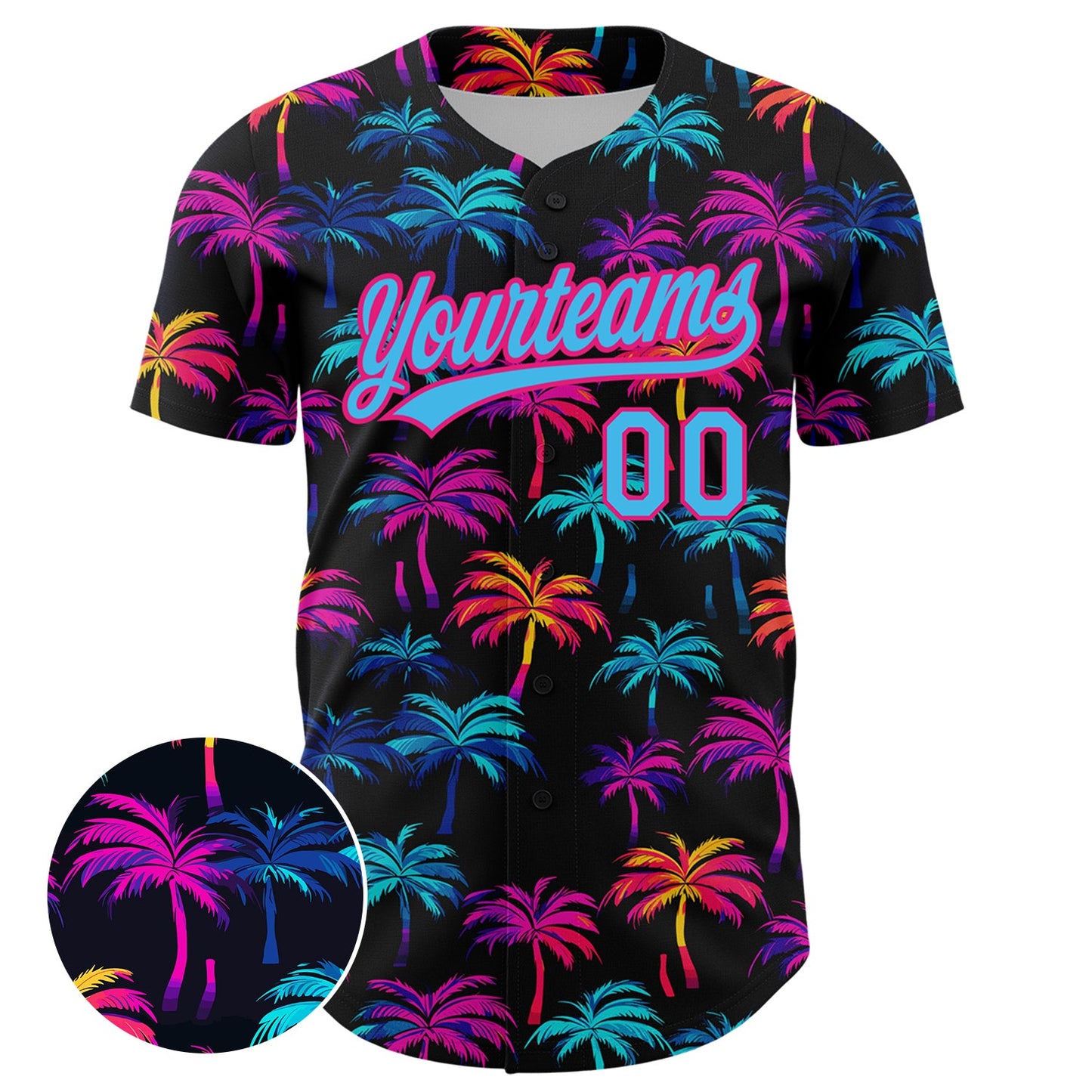 Custom Black Sky Blue-Hot Pink 3D Pattern Design Tropical Hawaii Palm Trees Authentic Baseball Jersey view 2