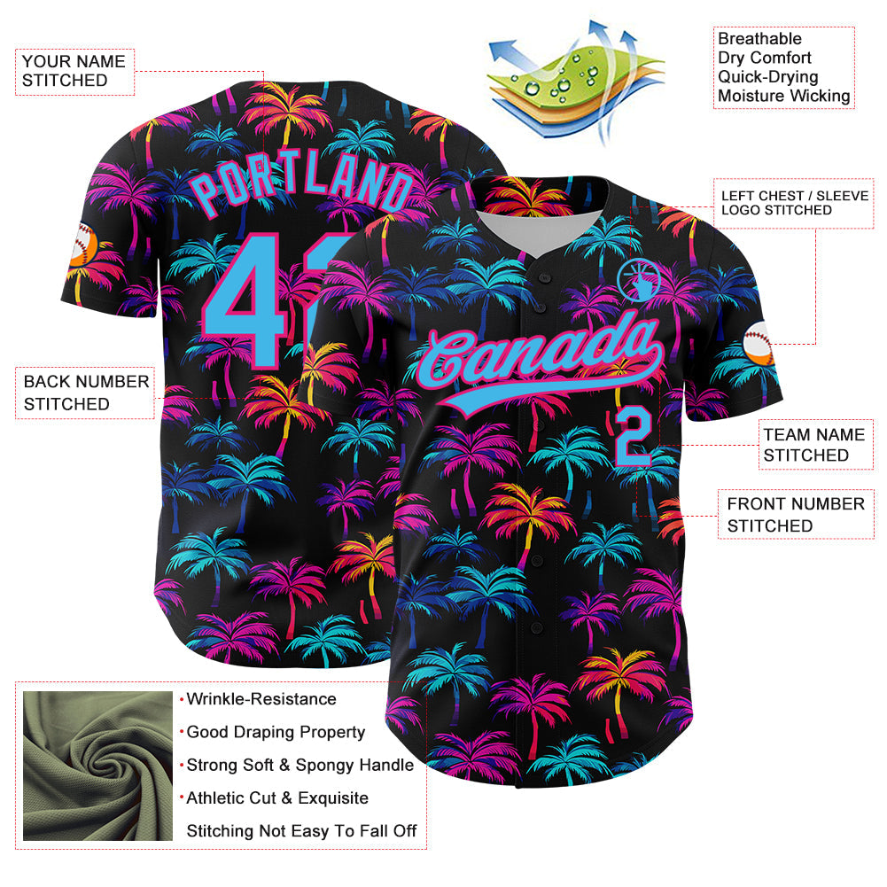 Custom Black Sky Blue-Hot Pink 3D Pattern Design Tropical Hawaii Palm Trees Authentic Baseball Jersey view 3