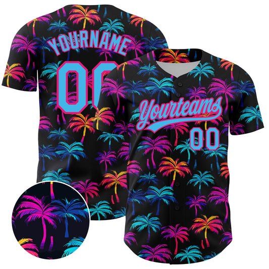 Custom Black Sky Blue-Hot Pink 3D Pattern Design Tropical Hawaii Palm Trees Authentic Baseball Jersey - Main View