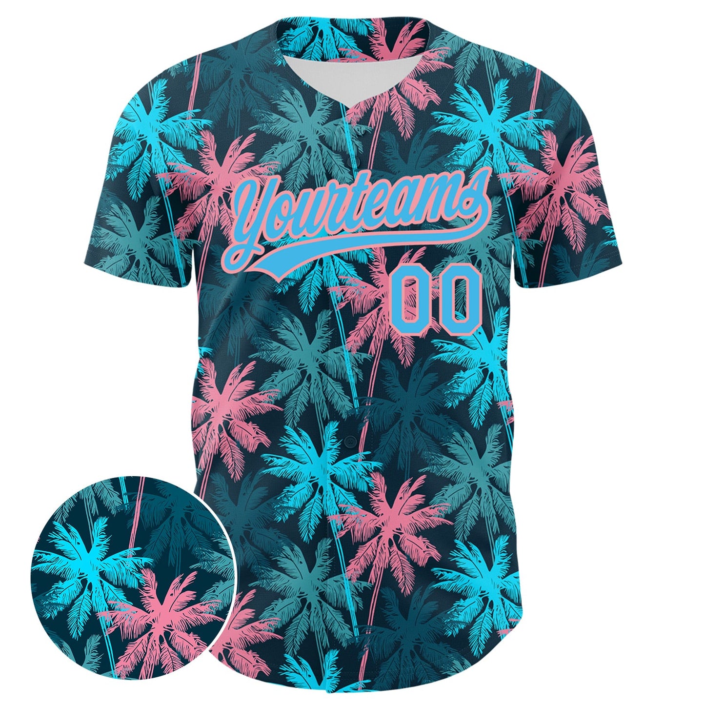 Custom Black Sky Blue-Medium Pink 3D Pattern Design Tropical Hawaii Palm Trees Authentic Baseball Jersey view 2