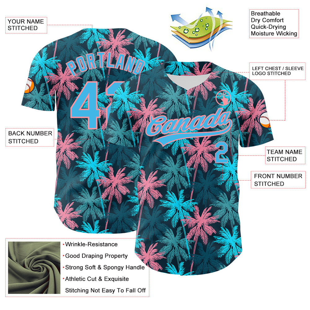 Custom Black Sky Blue-Medium Pink 3D Pattern Design Tropical Hawaii Palm Trees Authentic Baseball Jersey view 3