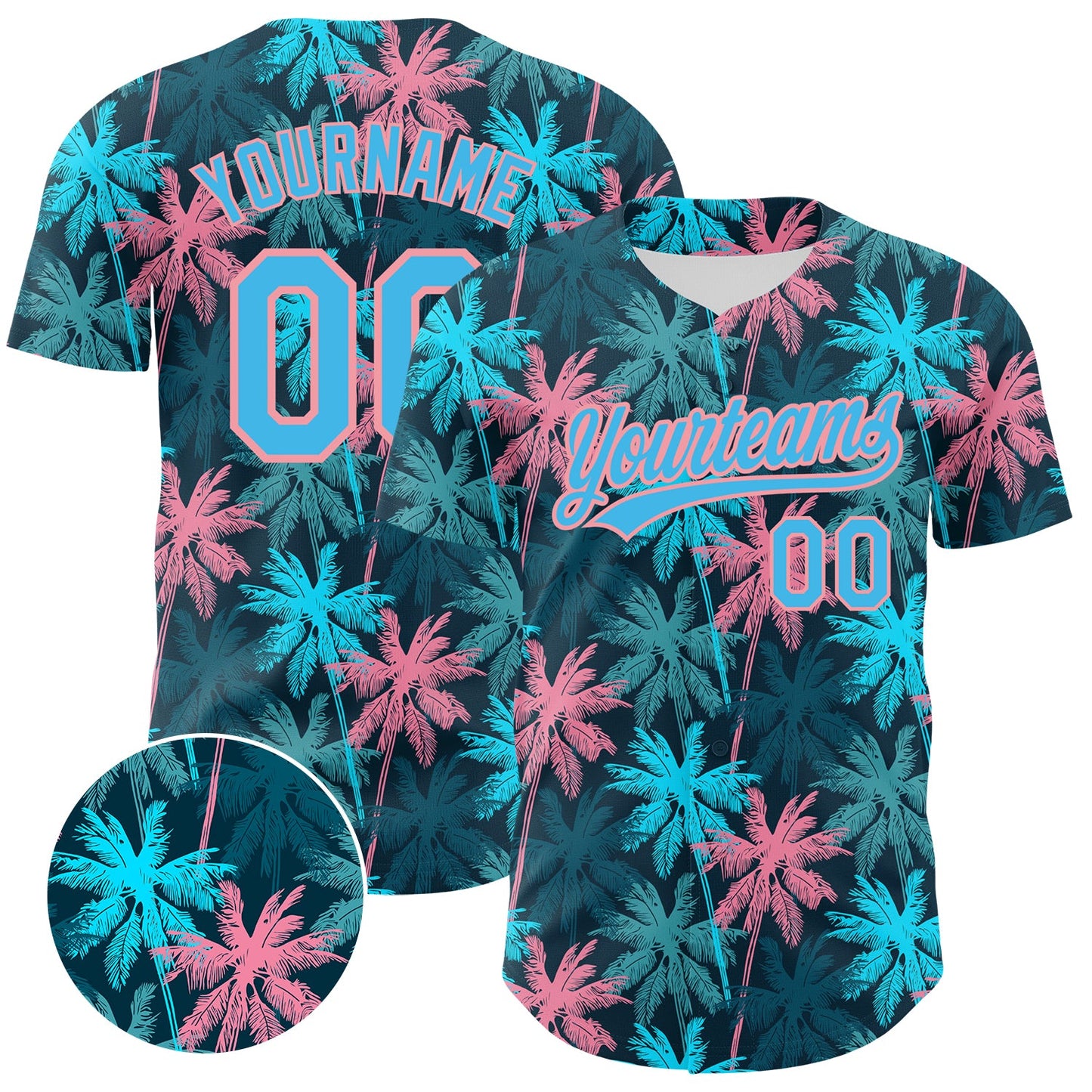 Custom Black Sky Blue-Medium Pink 3D Pattern Design Tropical Hawaii Palm Trees Authentic Baseball Jersey - Main View