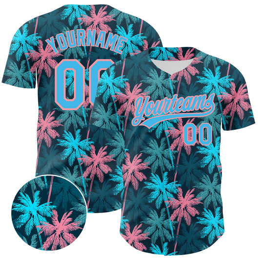 Custom Black Sky Blue-Medium Pink 3D Pattern Design Tropical Hawaii Palm Trees Authentic Baseball Jersey - Main View