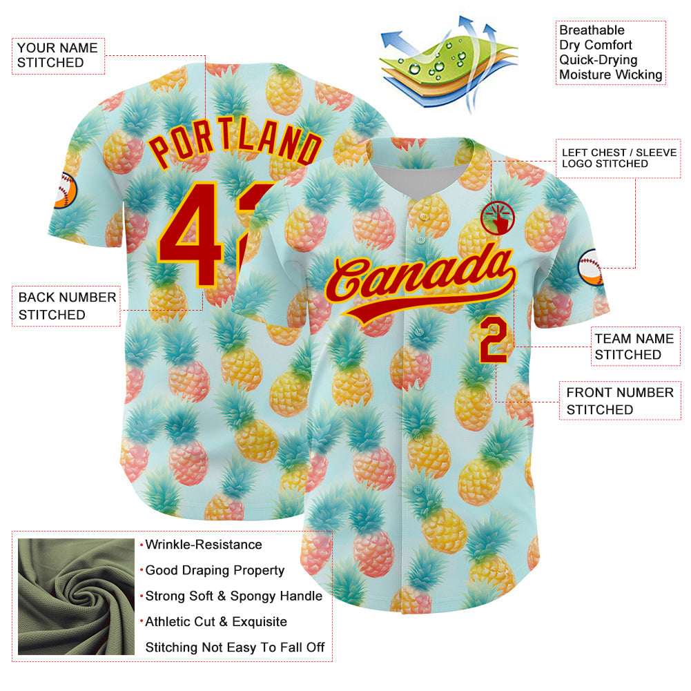 Custom Green Red-Yellow 3D Pattern Design Fruit Pineapple Authentic Baseball Jersey view 3