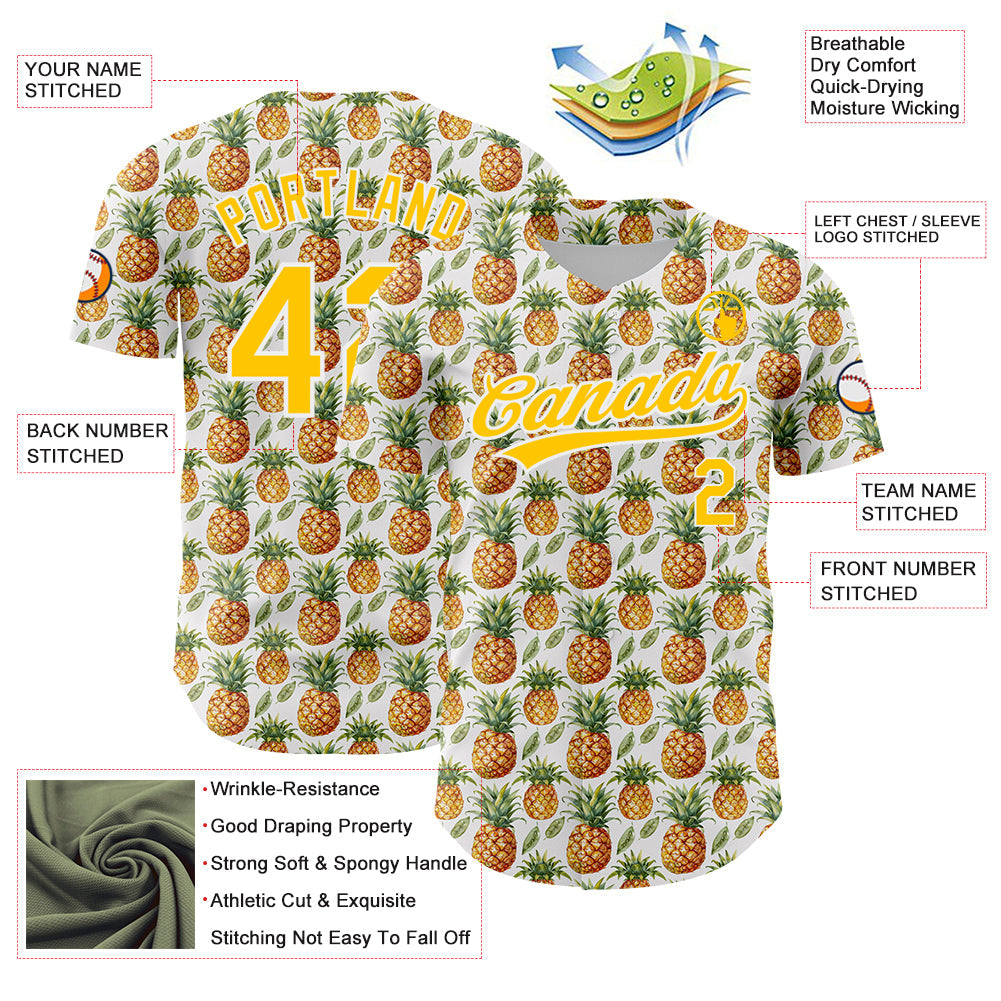Custom White Yellow 3D Pattern Design Fruit Pineapple Authentic Baseball Jersey view 3