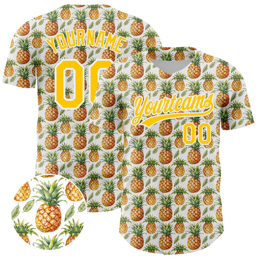 Custom White Yellow 3D Pattern Design Fruit Pineapple Authentic Baseball Jersey - Main View
