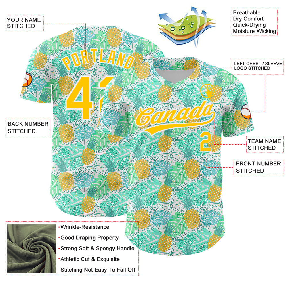 Custom Green Yellow-White 3D Pattern Design Fruit Pineapple Authentic Baseball Jersey view 3