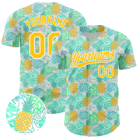 Custom Green Yellow-White 3D Pattern Design Fruit Pineapple Authentic Baseball Jersey - Main View