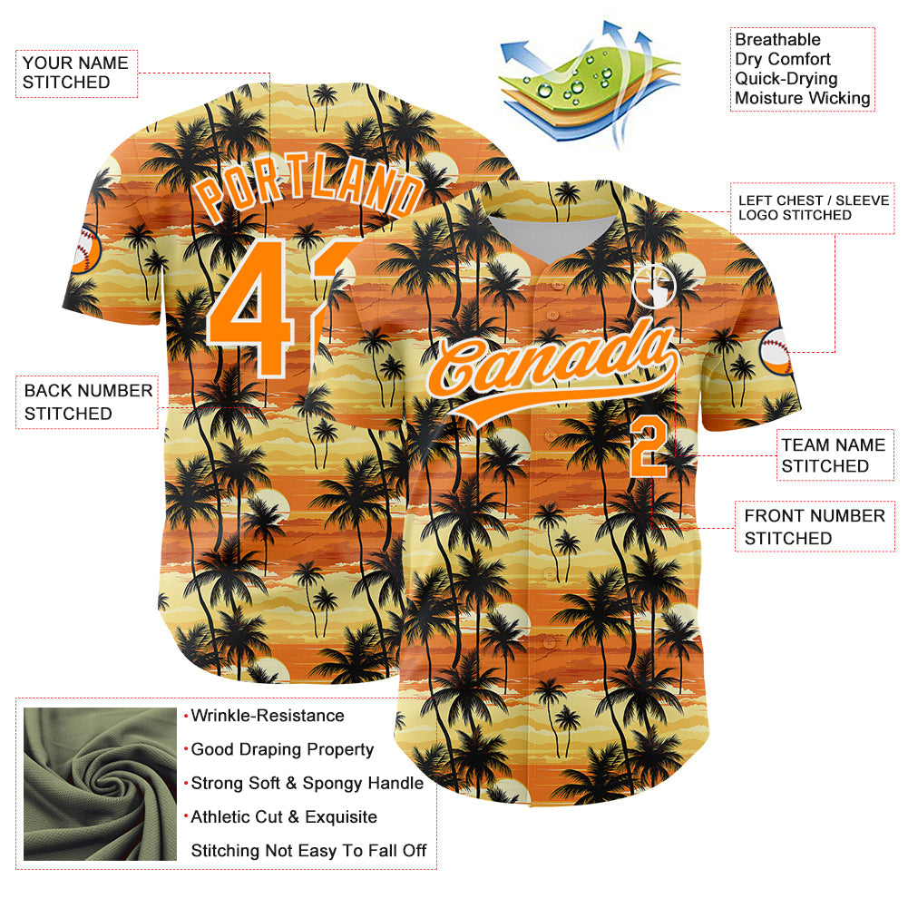 Custom Yellow Bay Orange-White 3D Pattern Design Tropical Hawaii Palm Trees Authentic Baseball Jersey view 3