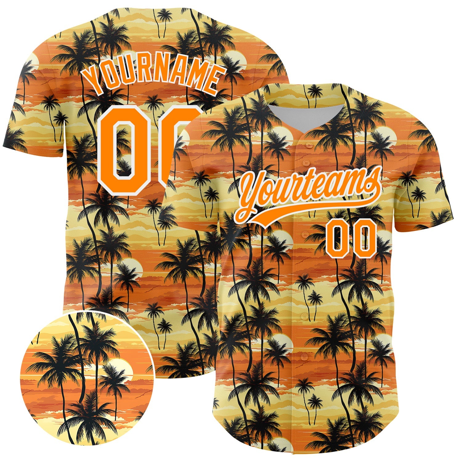 Custom Yellow Bay Orange-White 3D Pattern Design Tropical Hawaii Palm Trees Authentic Baseball Jersey - Main View
