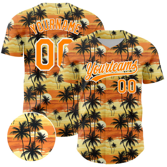 Custom Yellow Bay Orange-White 3D Pattern Design Tropical Hawaii Palm Trees Authentic Baseball Jersey - Main View