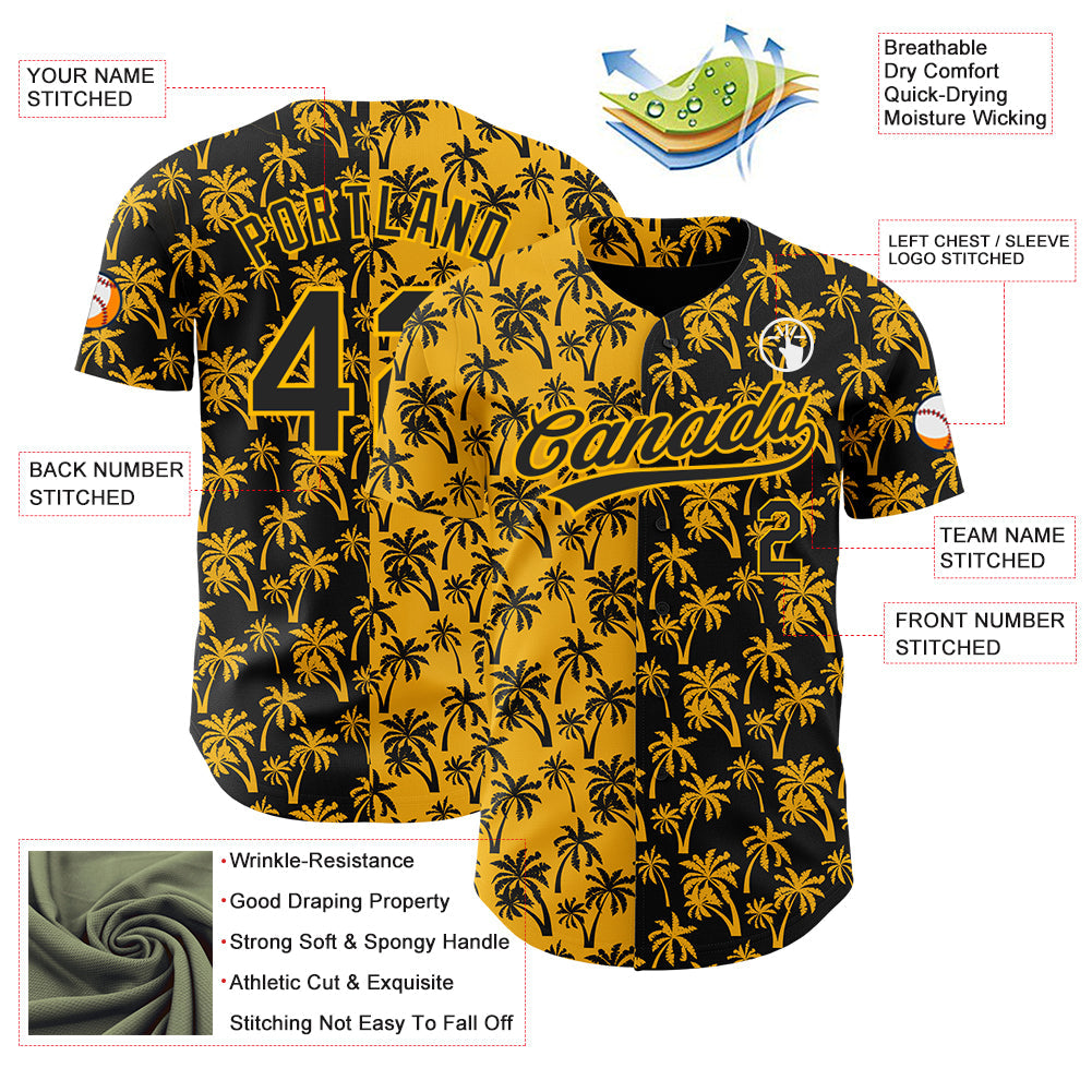 Custom Gold Black 3D Pattern Design Tropical Hawaii Palm Trees Authentic Baseball Jersey view 3