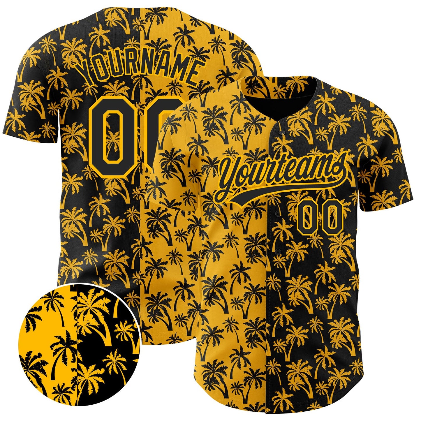 Custom Gold Black 3D Pattern Design Tropical Hawaii Palm Trees Authentic Baseball Jersey - Main View