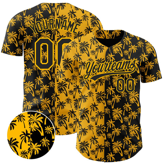 Custom Gold Black 3D Pattern Design Tropical Hawaii Palm Trees Authentic Baseball Jersey - Main View