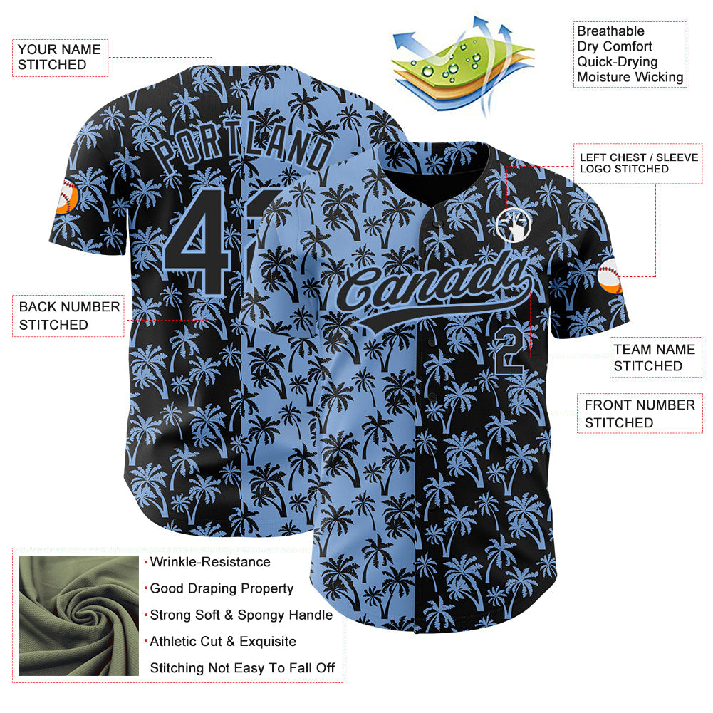 Custom Light Blue Black 3D Pattern Design Tropical Hawaii Palm Trees Authentic Baseball Jersey view 3