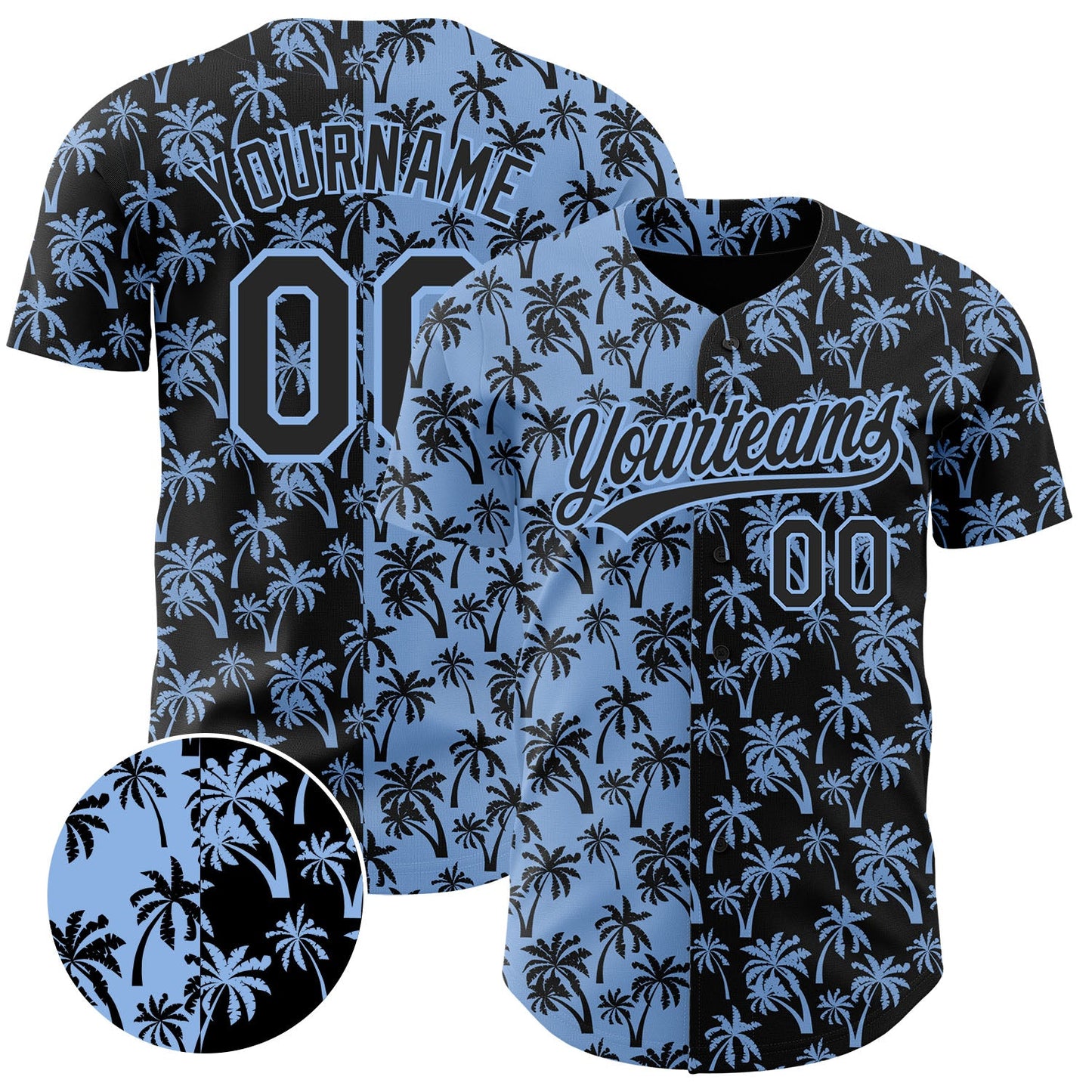 Custom Light Blue Black 3D Pattern Design Tropical Hawaii Palm Trees Authentic Baseball Jersey - Main View