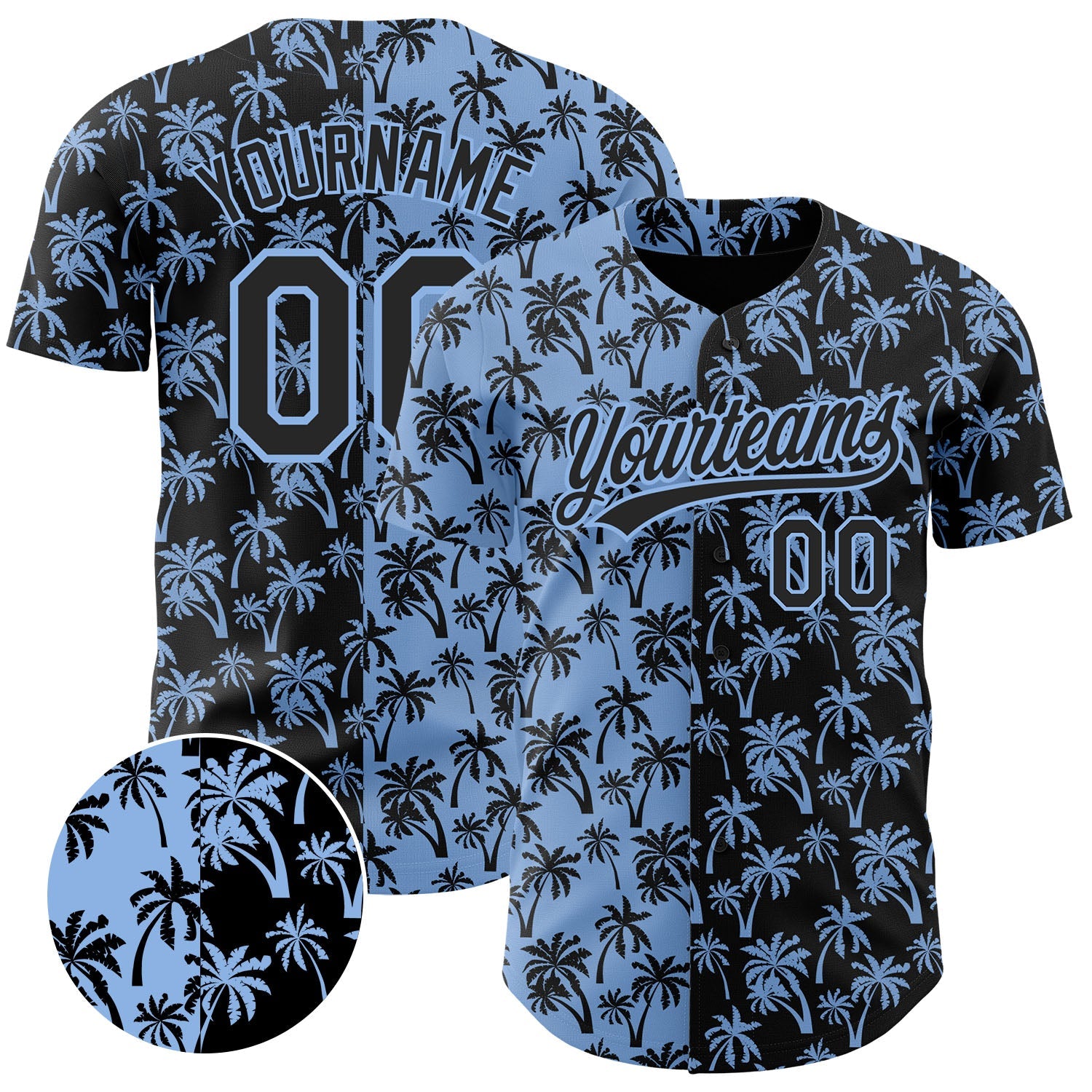 Custom Light Blue Black 3D Pattern Design Tropical Hawaii Palm Trees Authentic Baseball Jersey - Main View