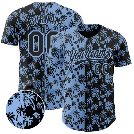 Custom Light Blue Black 3D Pattern Design Tropical Hawaii Palm Trees Authentic Baseball Jersey - Main View