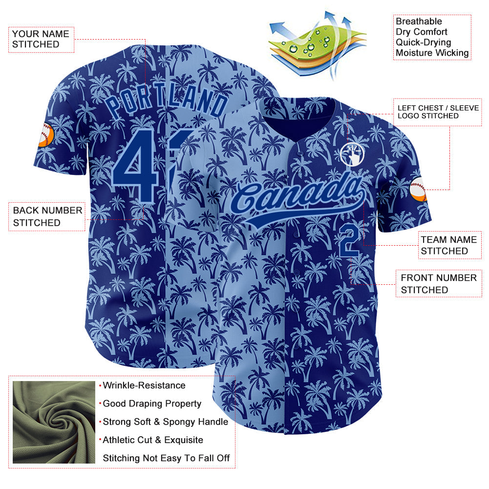 Custom Light Blue Royal 3D Pattern Design Tropical Hawaii Palm Trees Authentic Baseball Jersey view 3