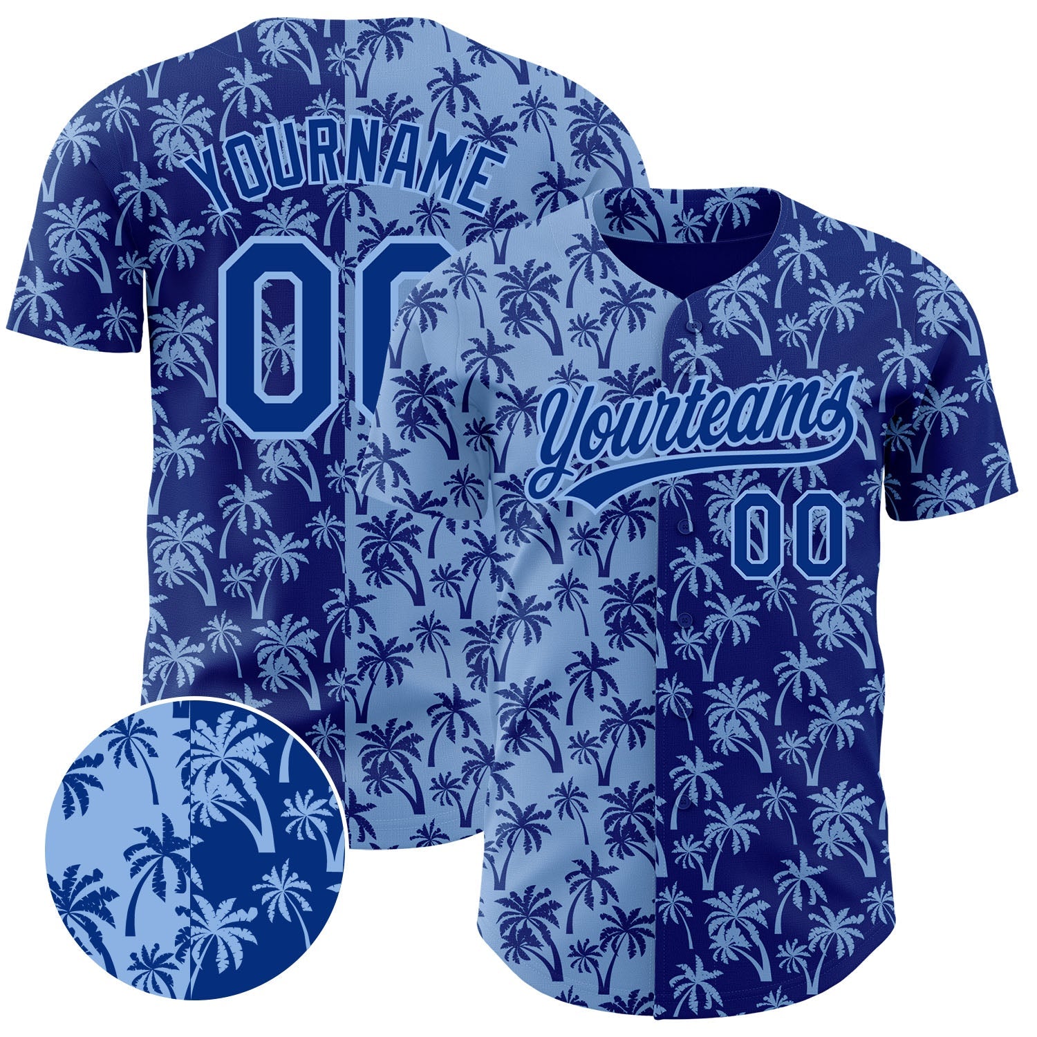 Custom Light Blue Royal 3D Pattern Design Tropical Hawaii Palm Trees Authentic Baseball Jersey - Main View