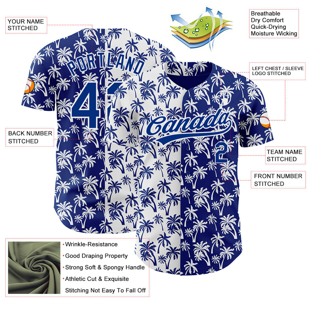 Custom White Royal 3D Pattern Design Tropical Hawaii Palm Trees Authentic Baseball Jersey view 3