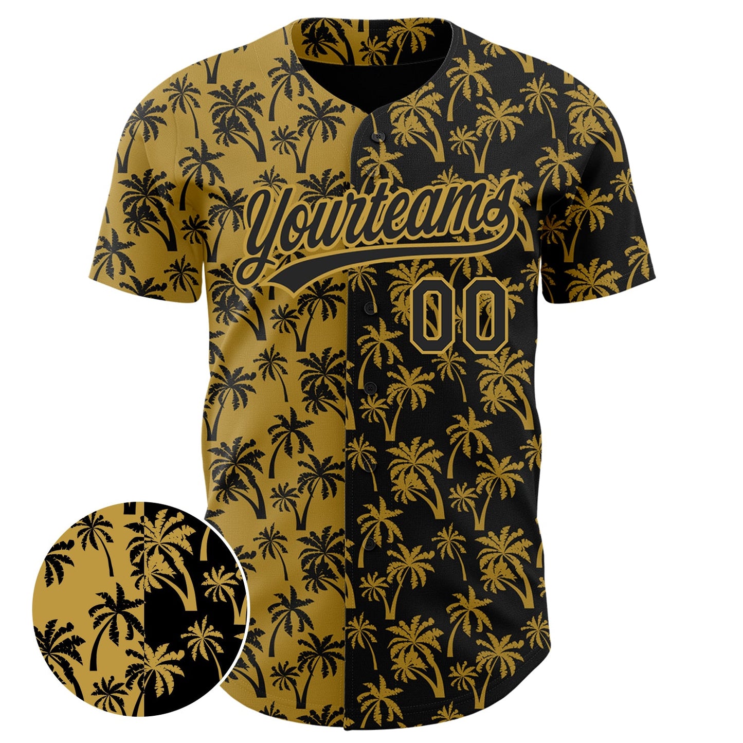 Custom Old Gold Black 3D Pattern Design Tropical Hawaii Palm Trees Authentic Baseball Jersey view 2