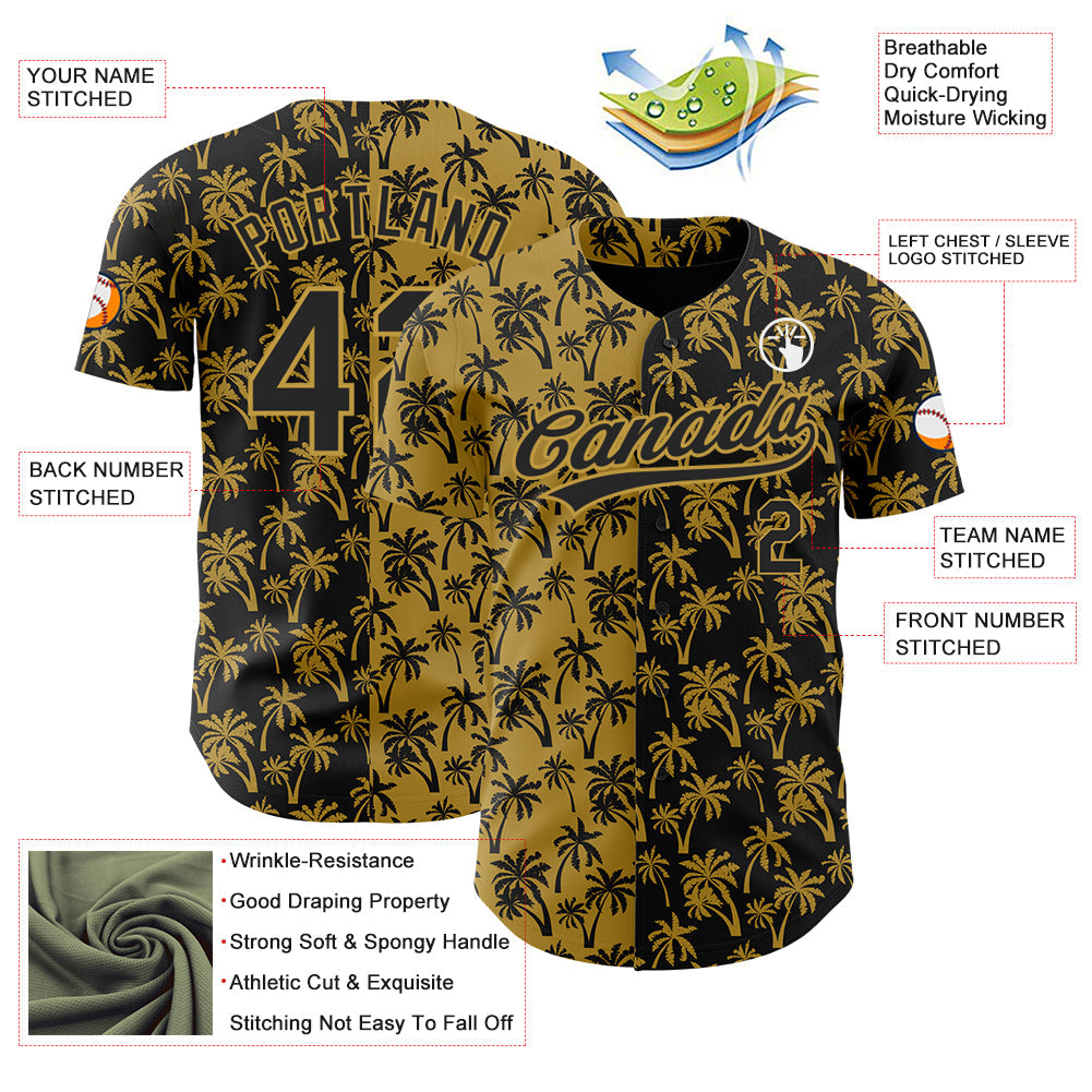 Custom Old Gold Black 3D Pattern Design Tropical Hawaii Palm Trees Authentic Baseball Jersey view 3