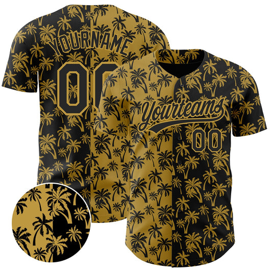 Custom Old Gold Black 3D Pattern Design Tropical Hawaii Palm Trees Authentic Baseball Jersey - Main View